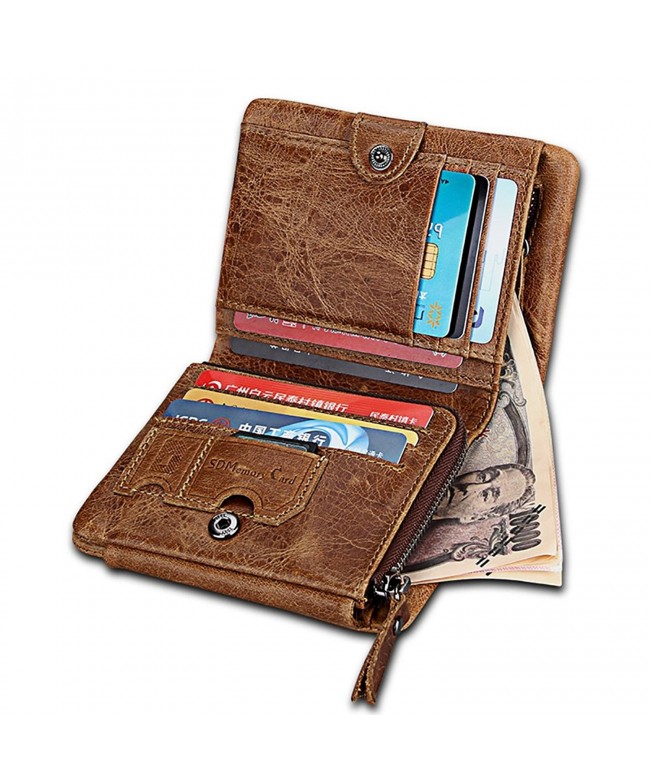 Men RFID Blocking Trifold Wallet Vintage Leather Bifold Zipper Pocket ...