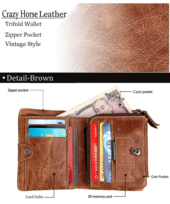 Men RFID Blocking Trifold Wallet Vintage Leather Bifold Zipper Pocket ...