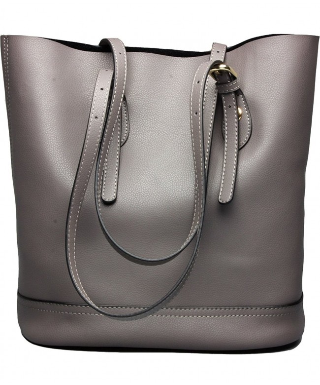 Women's Handbag Genuine Leather Purse Shoulder Bucket Bags Middle Capacity - Grey