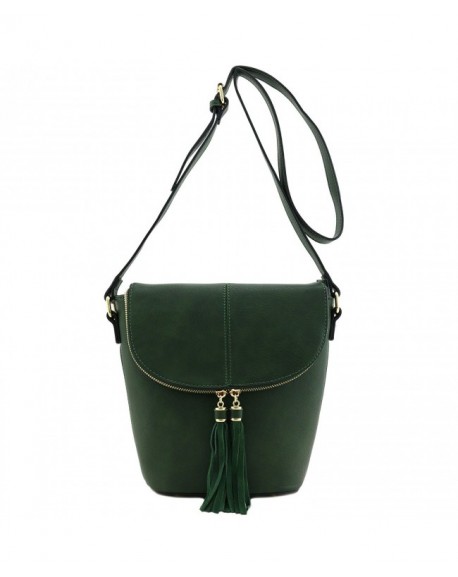 Flap Top Bucket Crossbody Bag with Tassel Accent - Olive - C6185XLDHT2