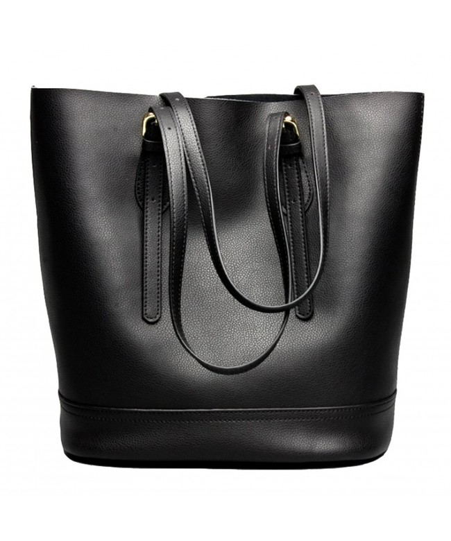 Women's Handbag Genuine Leather Purse Shoulder Bucket Bags Middle Capacity - Black